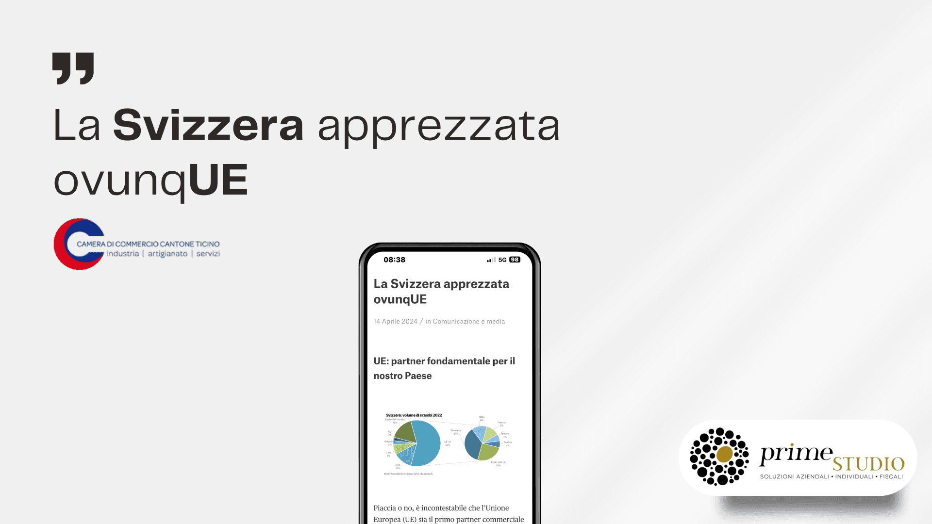 Italian text about Swiss appreciation in the EU with logos and a smartphone displaying a related article.