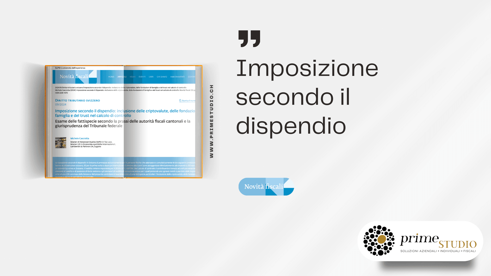Digital magazine page with Italian text on tax law and logo of Prime Studio.