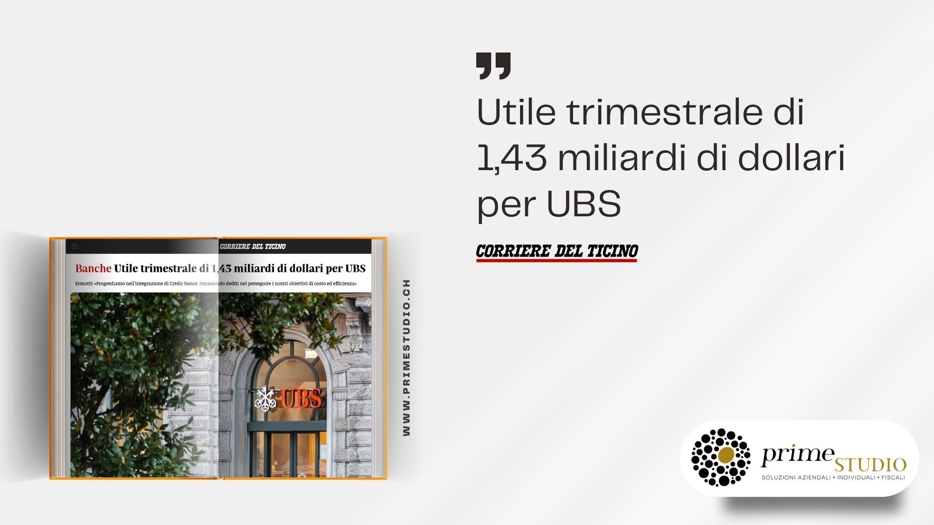 Headline about UBS quarterly profit of 1.43 billion dollars, featuring a UBS office entrance.