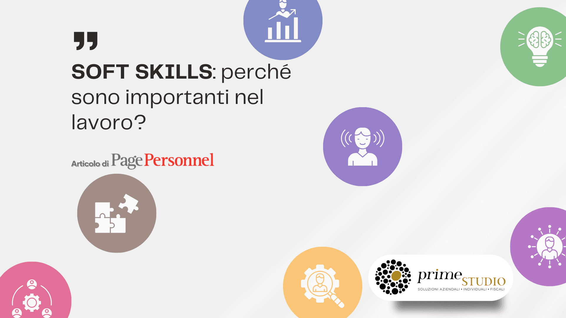 Italian article titled 'Soft Skills: perché sono importanti nel lavoro?' Various icons representing different skills.