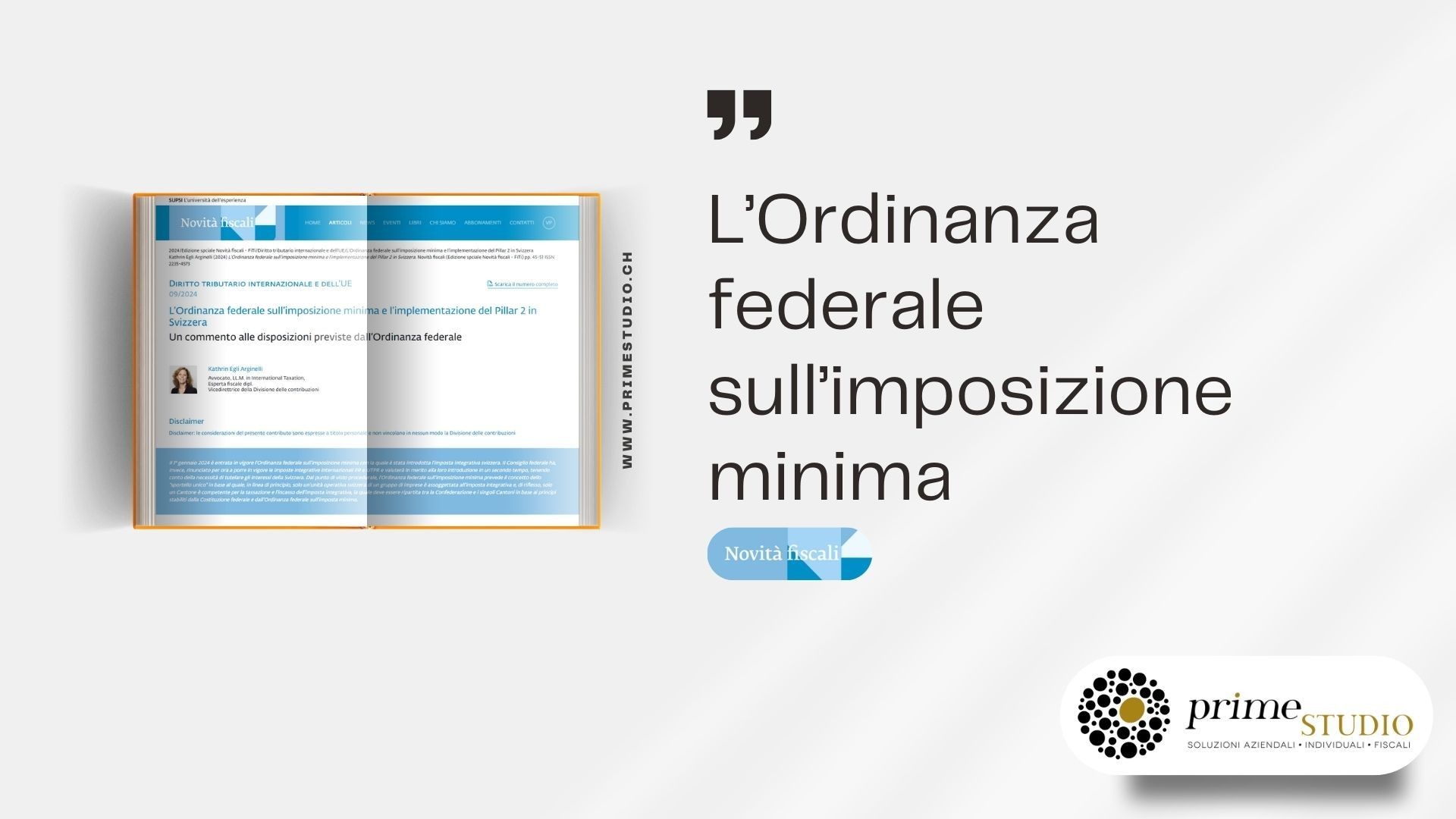 Open book displaying article about Swiss federal minimum tax ordinance, with Prime Studio logo and Italian text.