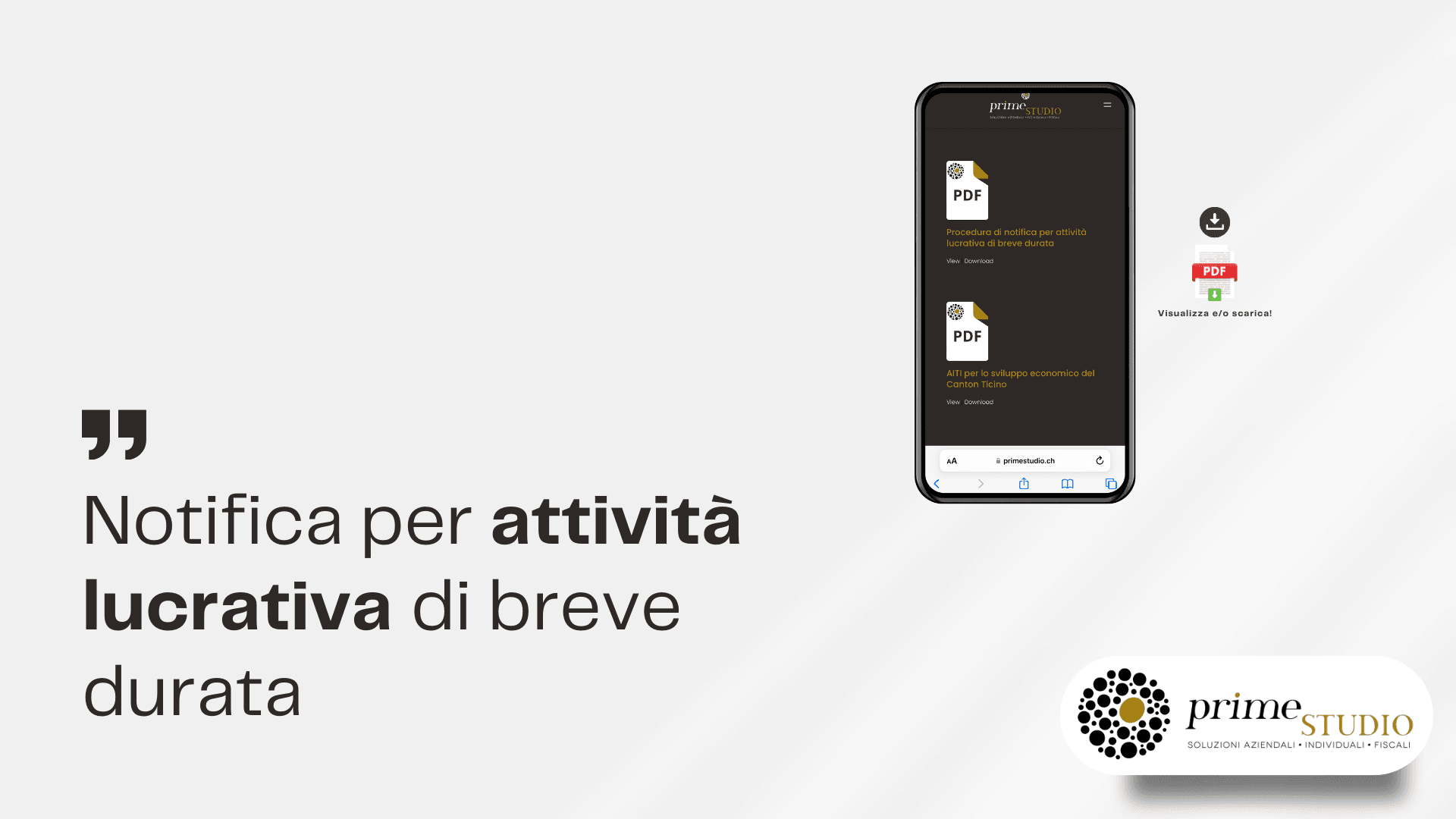 Italian text and mobile phone displaying PDF notifications for short-term lucrative activities by Prime Studio.