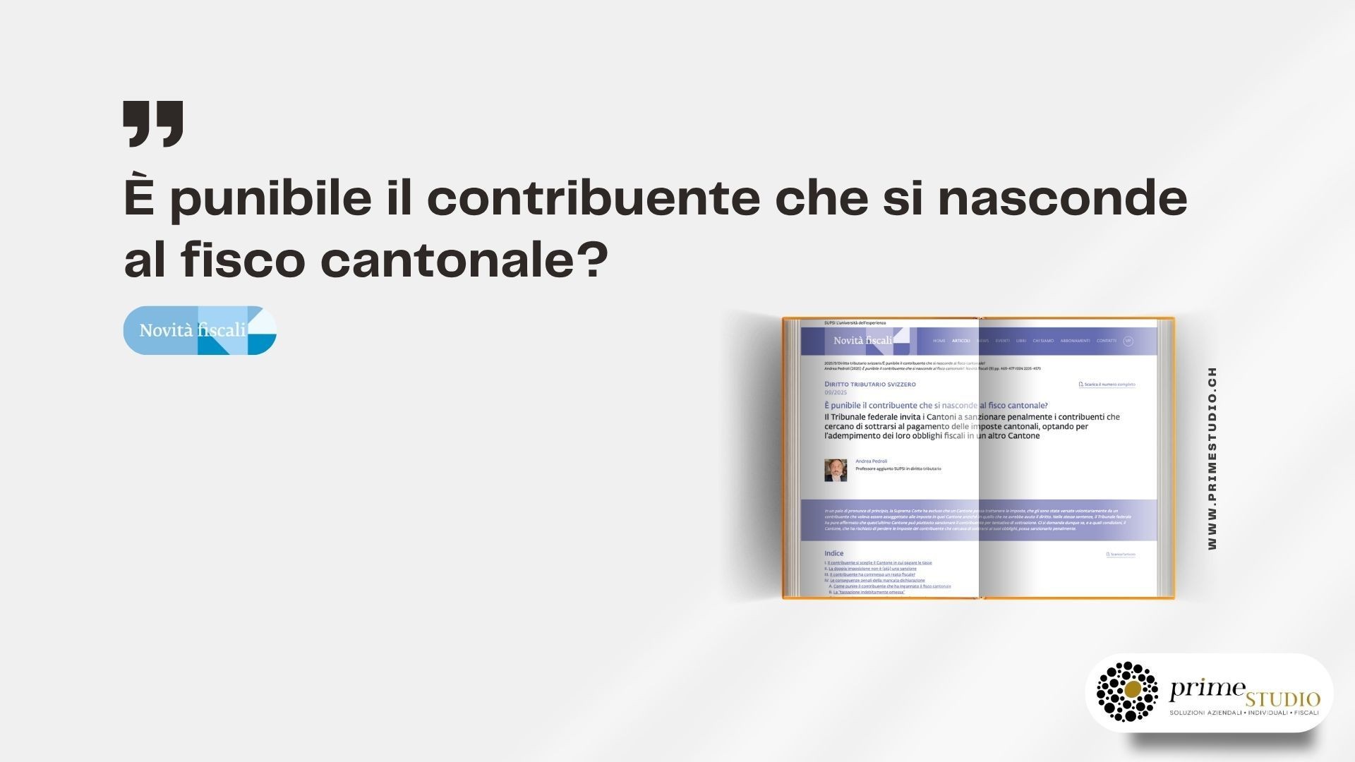 Italian text discussing the punishment of taxpayers hiding from canton taxes with a website screenshot in the background.